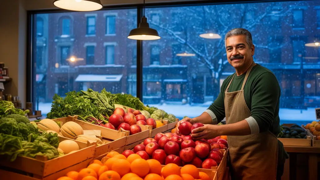 A grocer stacking red apples on a lit produce stand while snow falls outside the market window.